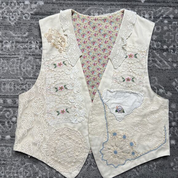 Handmade Jackets & Blazers - Vintage Patchwork Vest Doilies Cross Stitch Handmade Upcycle Large Cottagecore